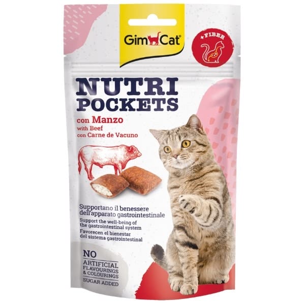 اسنک تشویقی مغزدار گربه جیم‌کت (GimCat Nutri Pockets) با طعم گوشت گاو (with Beef / con Manzo) و حاوی مالت است.
